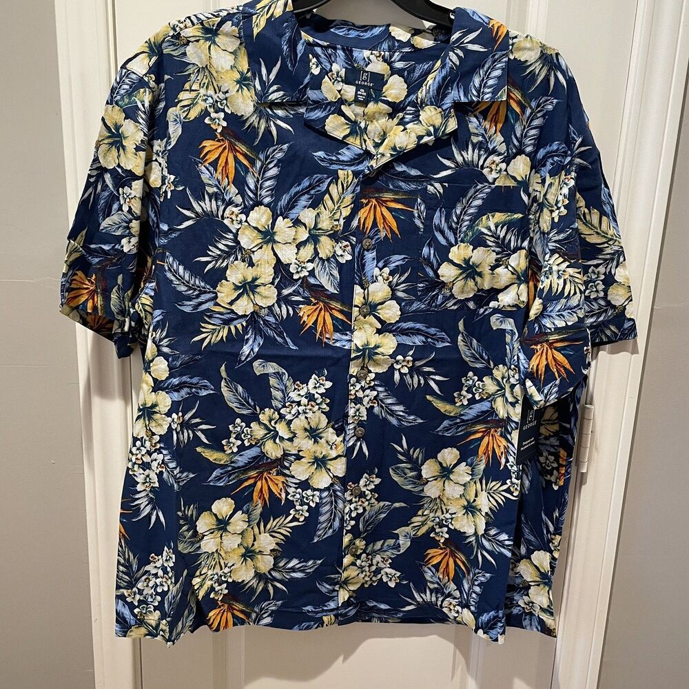 George Men’s 2XL Button Short Sleeve Camp Hawaiian Shirt Blue Floral NWT